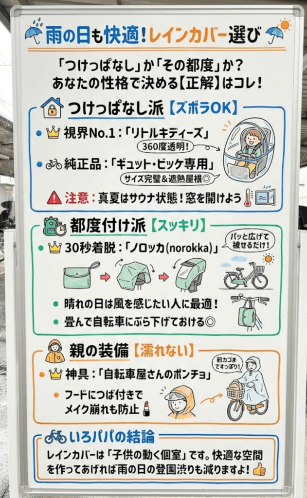 【自転車チャイルドシートカバー】おすすめ比較！つけっぱなしOKなのは？ギュット純正・ノロッカ・日よけ対策までをわかりやすく説明した画像