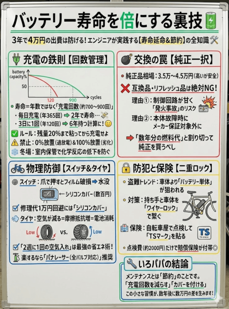 【電動自転車】バッテリー寿命は3年？4万円損しない「充電の法則」とスイッチカバー・空気入れの正解装備をわかりやすく説明した画像