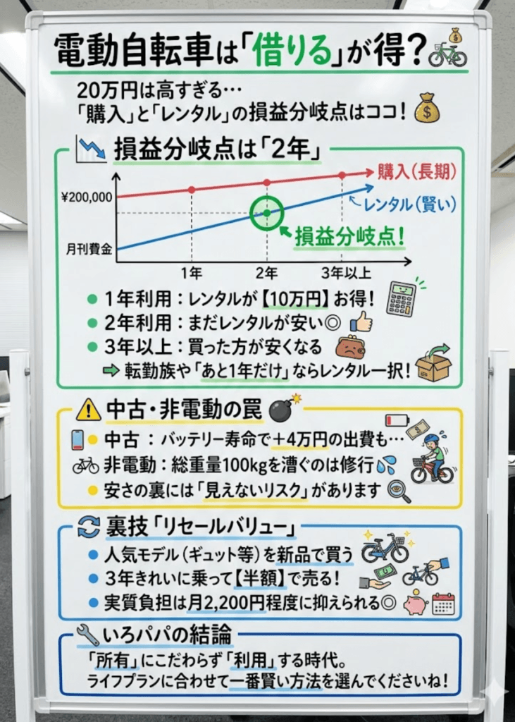 【子供乗せ電動自転車】レンタル・サブスクは安い？中古や「電動なし」の危険性と損益分岐点を元エンジニアが解説をわかりやすく説明した画像