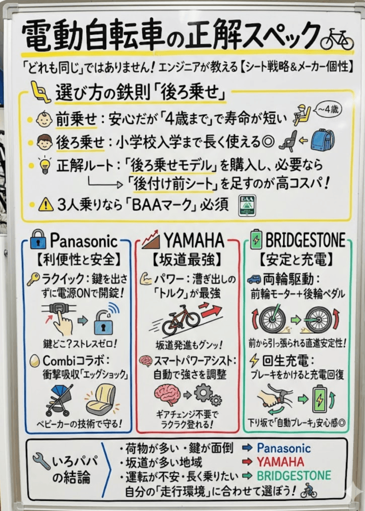 【子供乗せ電動自転車】おすすめ選び方完全ガイド!前乗せ・後ろ乗せどっち?3人乗りやメーカー比較を元エンジニアが解説をわかりやすく説明した画像