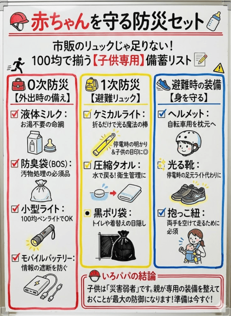 【子供の防災】100均で揃う「赤ちゃん防災セット」リスト！液体ミルク・おむつ圧縮から避難時の靴までをわかりやすく説明した画像