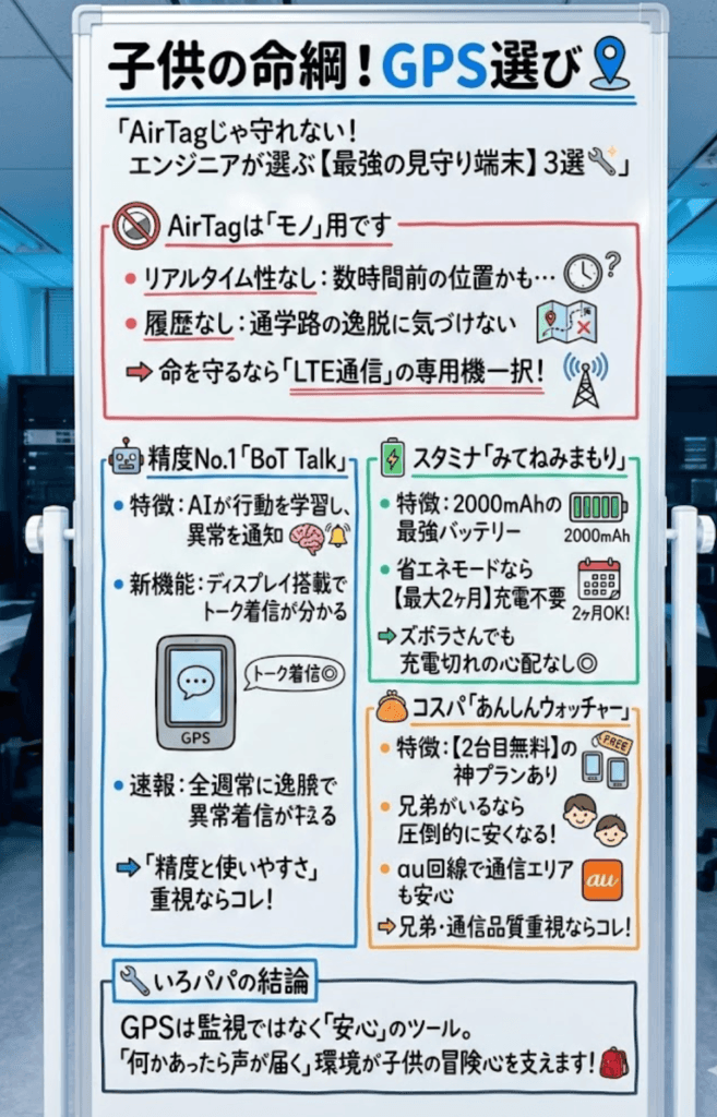 【子供用GPS】おすすめ徹底比較!BoTトーク・みてね・あんしんウォッチャーの「精度とバッテリー」を元エンジニアが検証をわかりやすく説明した画像
