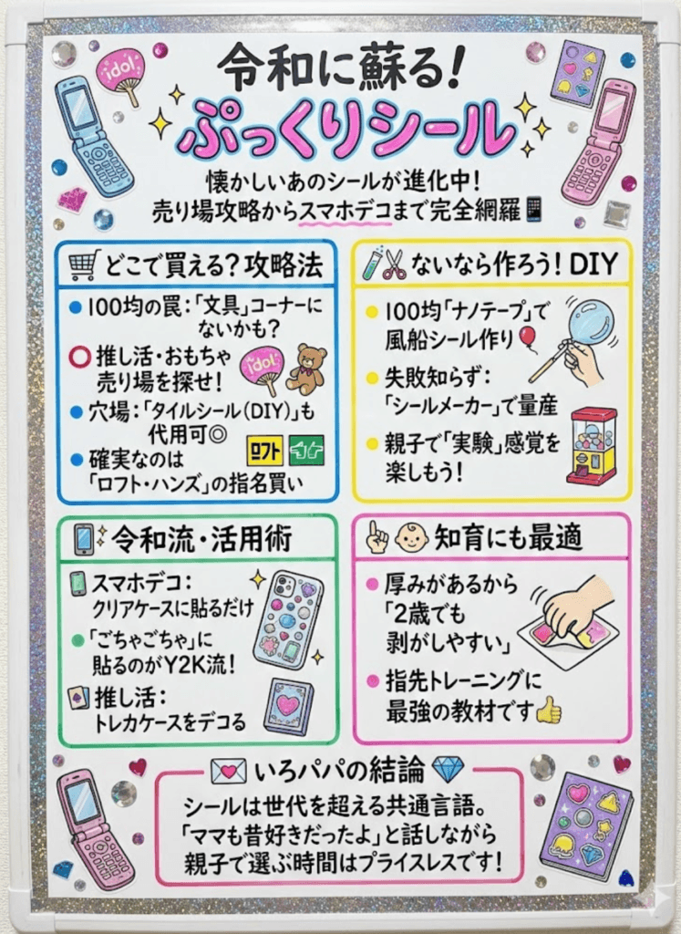 【ぷっくりシール】なぜ売り切れ?令和の平成レトロブームを完全解説!買える場所・自作・スマホデコ活用術をわかりやすく説明した画像