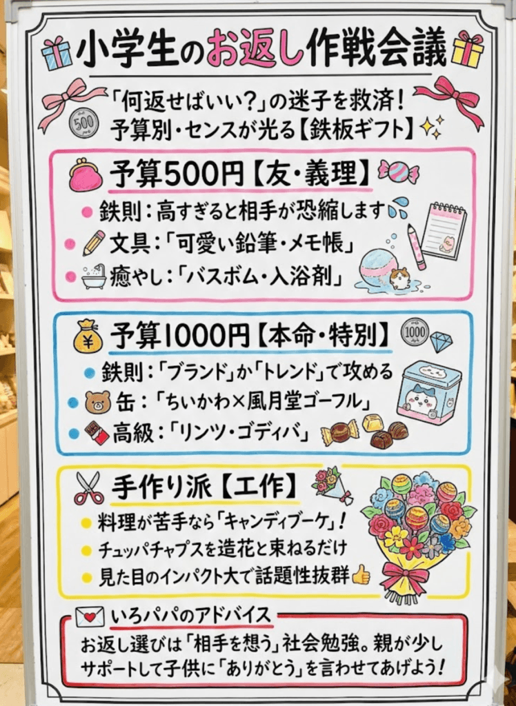 【小学生のホワイトデー】お返しおすすめ決定版!500円・1000円で喜ばれる「お菓子以外」や簡単手作りレシピをわかりやすく説明した画像