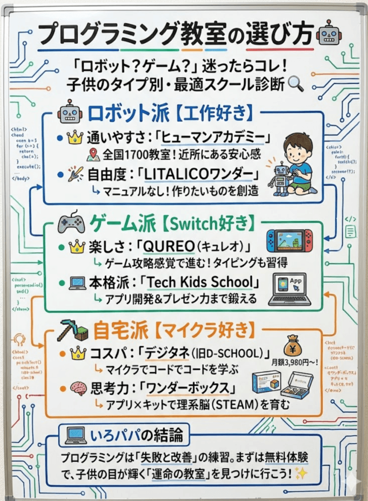 【2025年】小学生のプログラミング・ロボット教室おすすめ6選！元エンジニアが「マイクラ・ロボット・本格派」で徹底比較をわかりやすく説明した画像