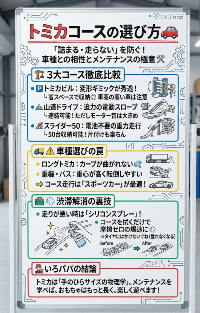 【トミカ】車種・コースおすすめ完全ガイド！トミカビル・山道ドライブの「渋滞しない」遊び方と選び方をわかりやすく説明した画像