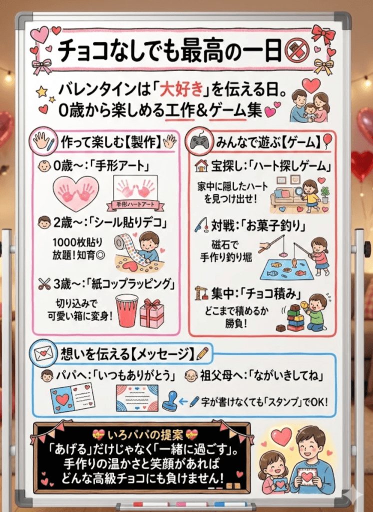 【バレンタイン製作】子供と楽しむ工作＆ゲーム完全ガイド！保育園で人気の「0歳からできる」アイデアとラッピングをわかりやすく説明した画像