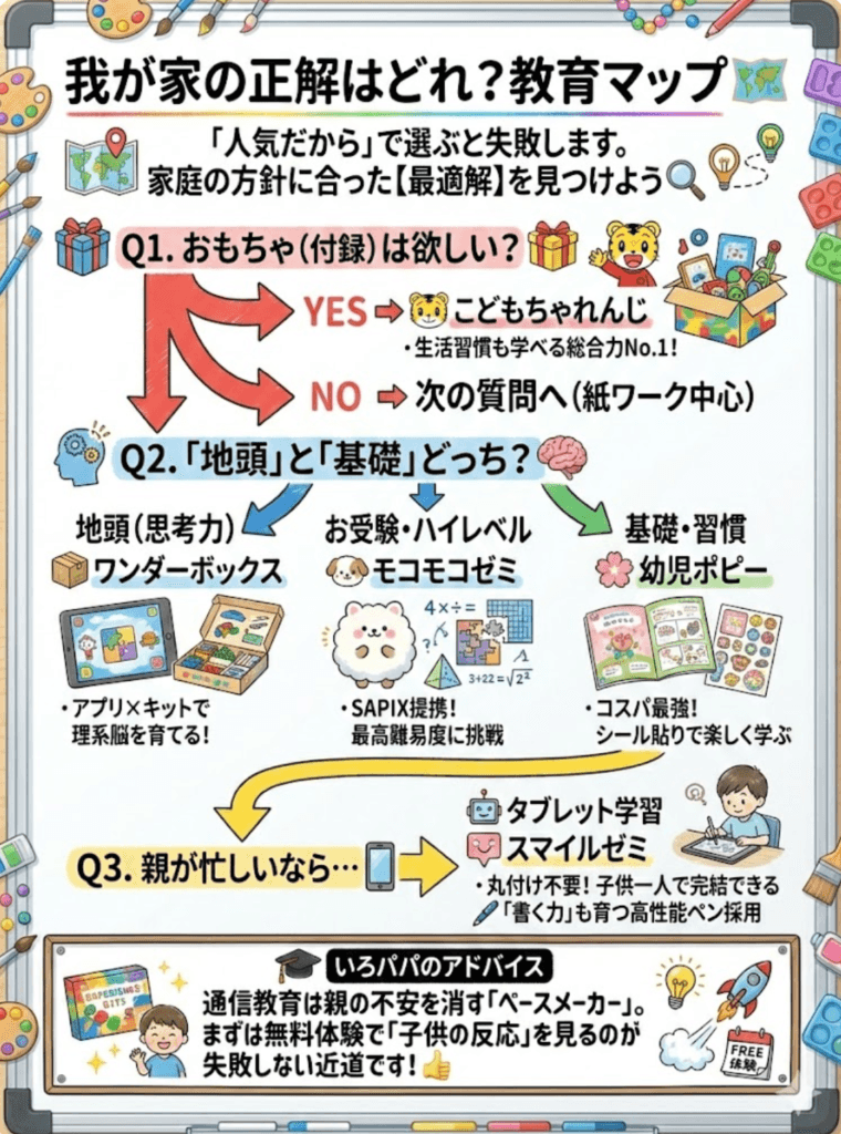 【幼児通信教育】おすすめ比較ガイド！こどもちゃれんじ・モコモコゼミ・ワンダーボックスの口コミと選び方をわかりやすく説明した画像