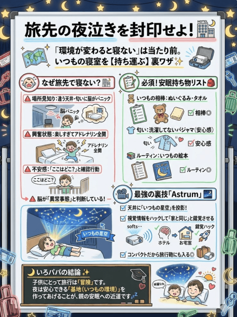 【子連れ旅行・帰省】「夜泣き・寝ない」恐怖を回避する持ち物リスト！いつもの天井を持ち運ぶプロジェクター活用術【PR】をわかりやすく説明した画像