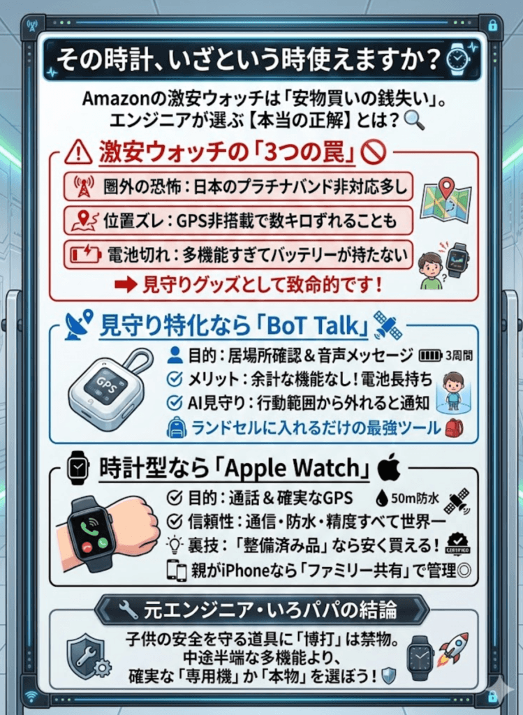 【入学準備】キッズスマートウォッチは買うな？Amazonの「多機能時計」が使えない理由と、エンジニアが選ぶ「本当の正解」をわかりやすく説明した画像