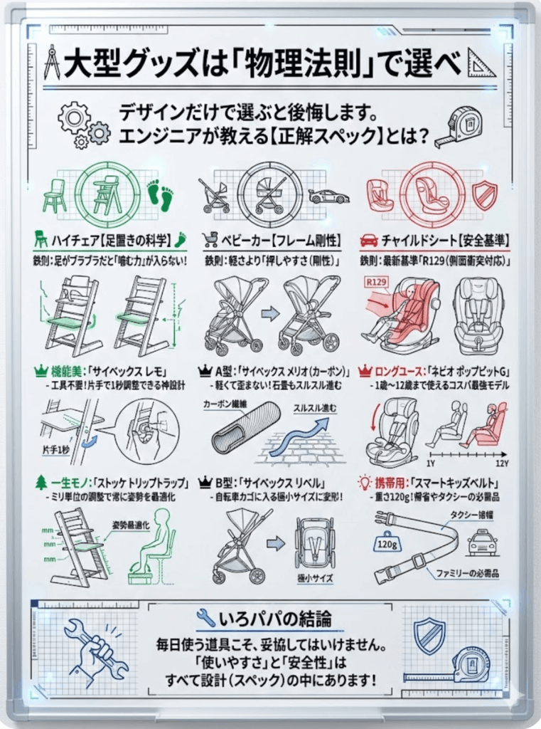 【出産準備】ベビーカー・チャイルドシート・ハイチェアおすすめ完全リスト！エンジニアが選ぶ「安全性とスペック」の正解をわかりやすく説明した画像