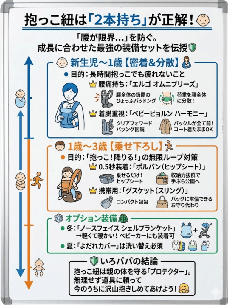 【抱っこ紐&ヒップシート】おすすめ完全ガイド!新生児から3歳まで元エンジニアが選ぶ「腰が死なない」正解の2本をわかりやすく説明した画像