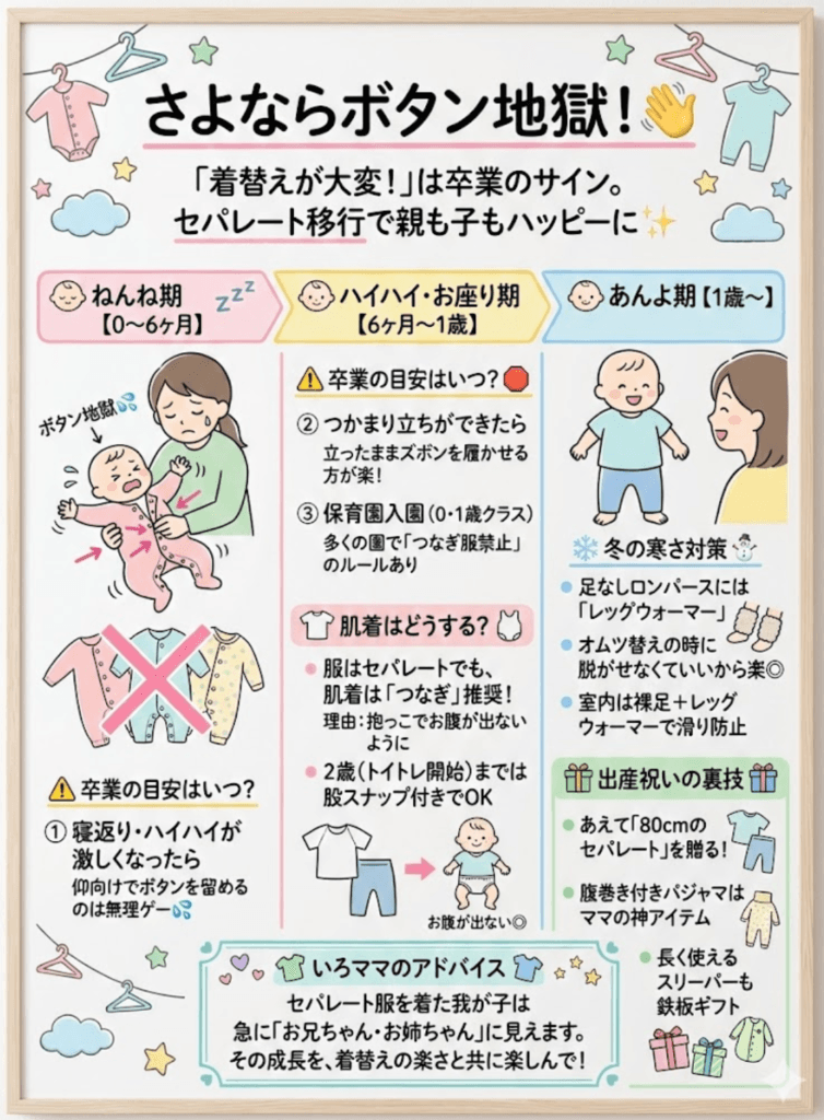 【ロンパースいつまで？】ベビー服卒業のタイミング決定版！肌着の違いとセパレート移行で「着替え」を秒で終わらせるコツをわかりやすく説明した画像