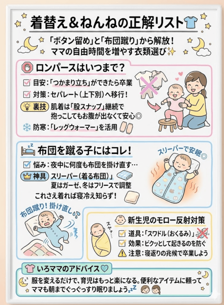 【衣類・ねんね】ロンパース卒業と「着る寝具」の最適解をわかりやすく説明した画像