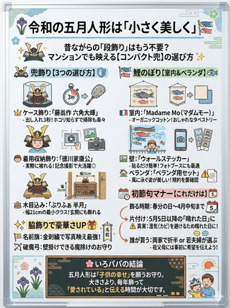 【五月人形】マンション向け「コンパクト・おしゃれ」なおすすめ決定版！兜飾り・室内鯉のぼりの選び方と初節句マナーをわかりやすく説明した画像