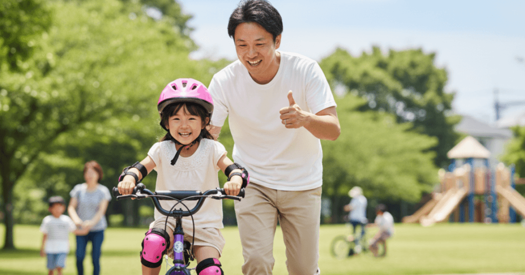 子供の自転車を一押しだけ手伝っている実際の画像