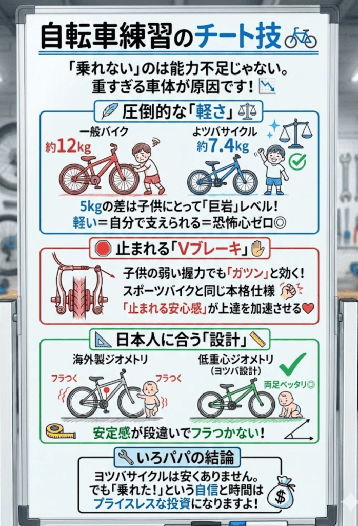 なぜ「ヨツバサイクル」なのか？エンジニアが惚れた3つのスペックをわかりやすく説明した画像