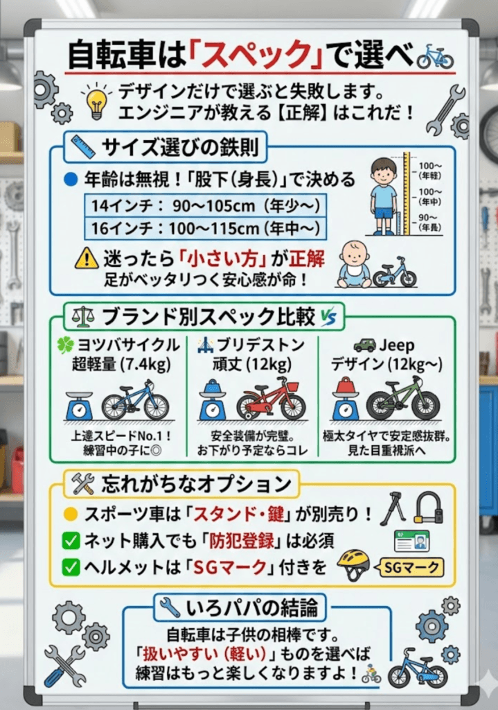 【小学生】20インチ以上の選び方と「変速ギア・ライト」をわかりやすく説明した画像