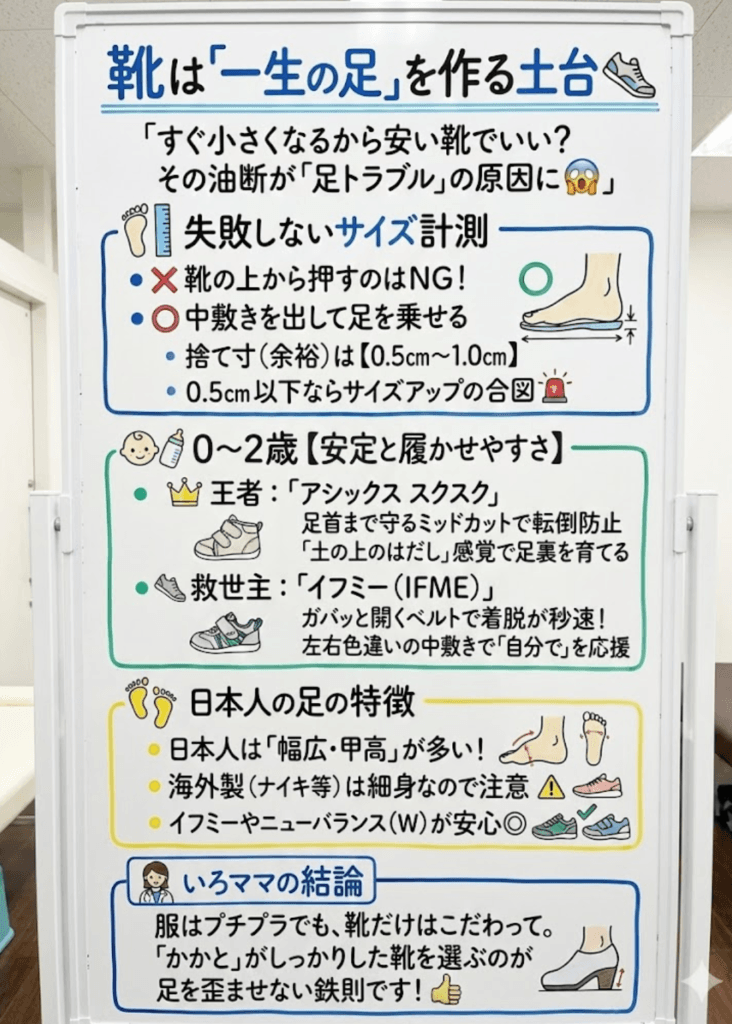失敗しない「子供靴のサイズ選び」｜足の測り方と幅広・甲高の正解をわかりやすく説明した画像