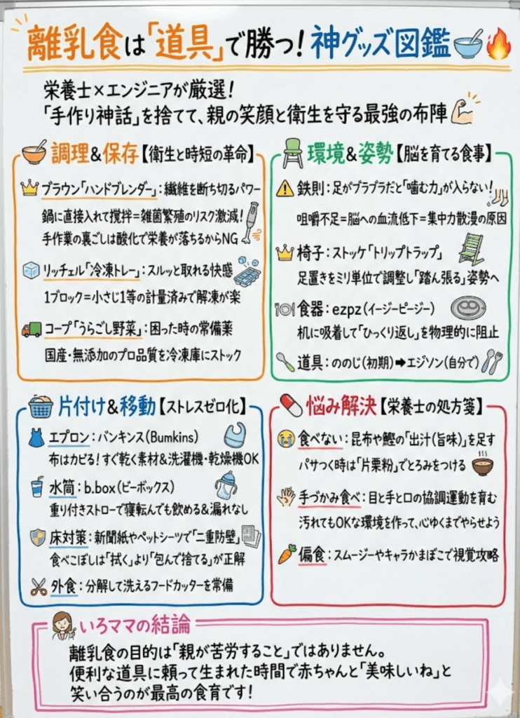 【離乳食準備】栄養士が選ぶ神グッズ＆食器完全ガイド！ブレンダーからコープ活用まで「頑張らない」正解リストをわかりやすく説明した画像