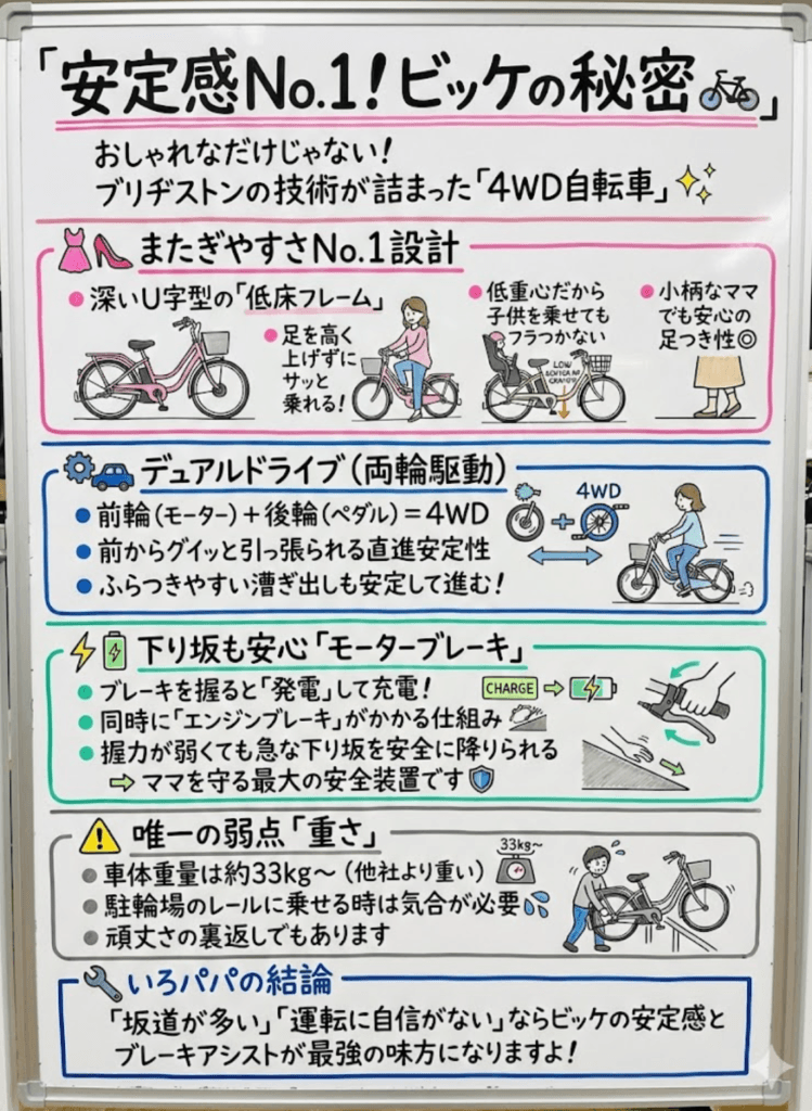 【BRIDGESTONE】「ビッケ（bikke）」は低重心と両輪駆動の安定感をわかりやすく説明した画像