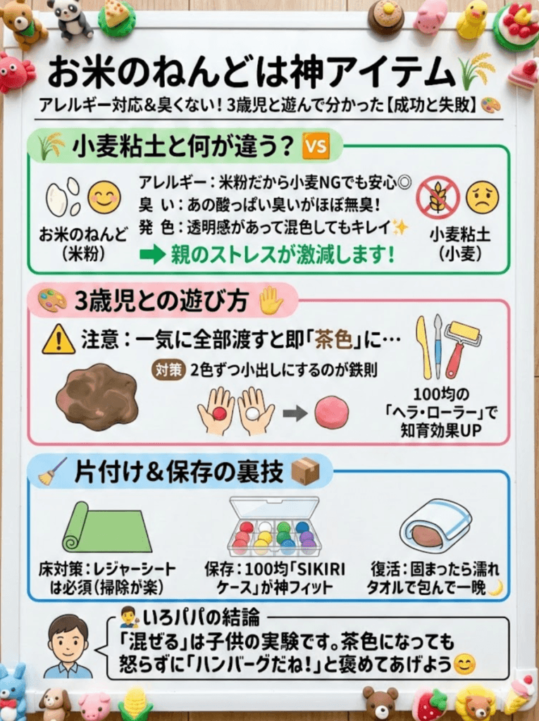 【お米のねんど徹底レビュー】3歳と遊んだ口コミ！すぐ乾く？100均道具で楽しむ知育遊びと保存法をわかりやすく説明した画像