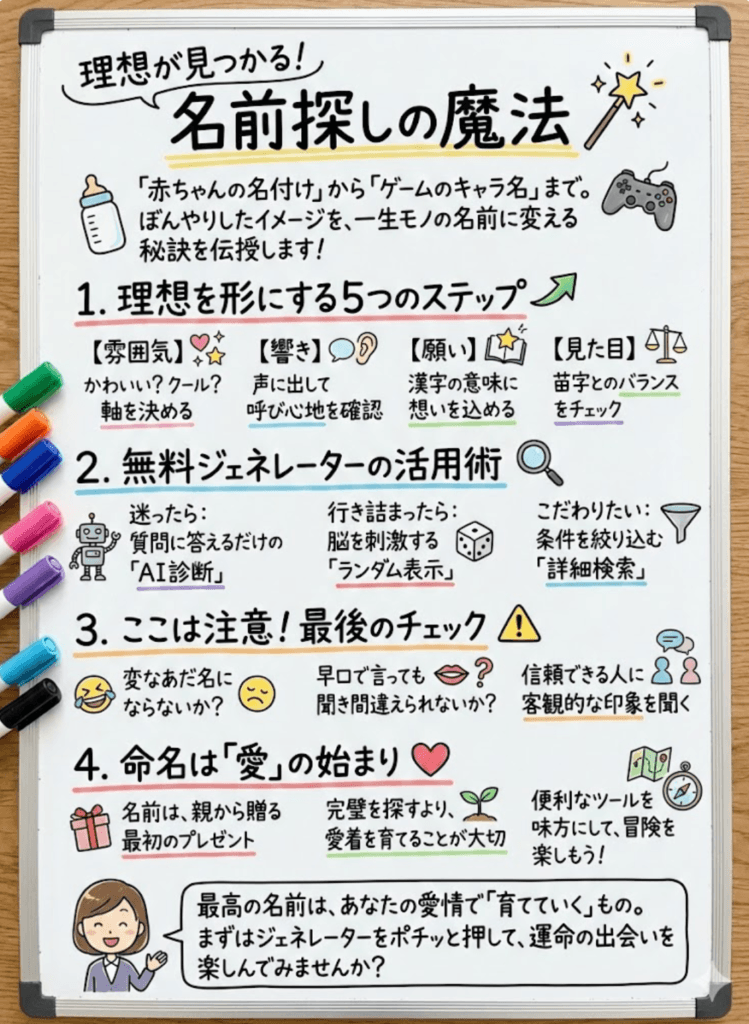 【名前の決め方】簡単無料名前ジェネレータ！赤ちゃんの名付けからネトゲまで！後悔しない最高の魔法をわかりやすく説明した画像