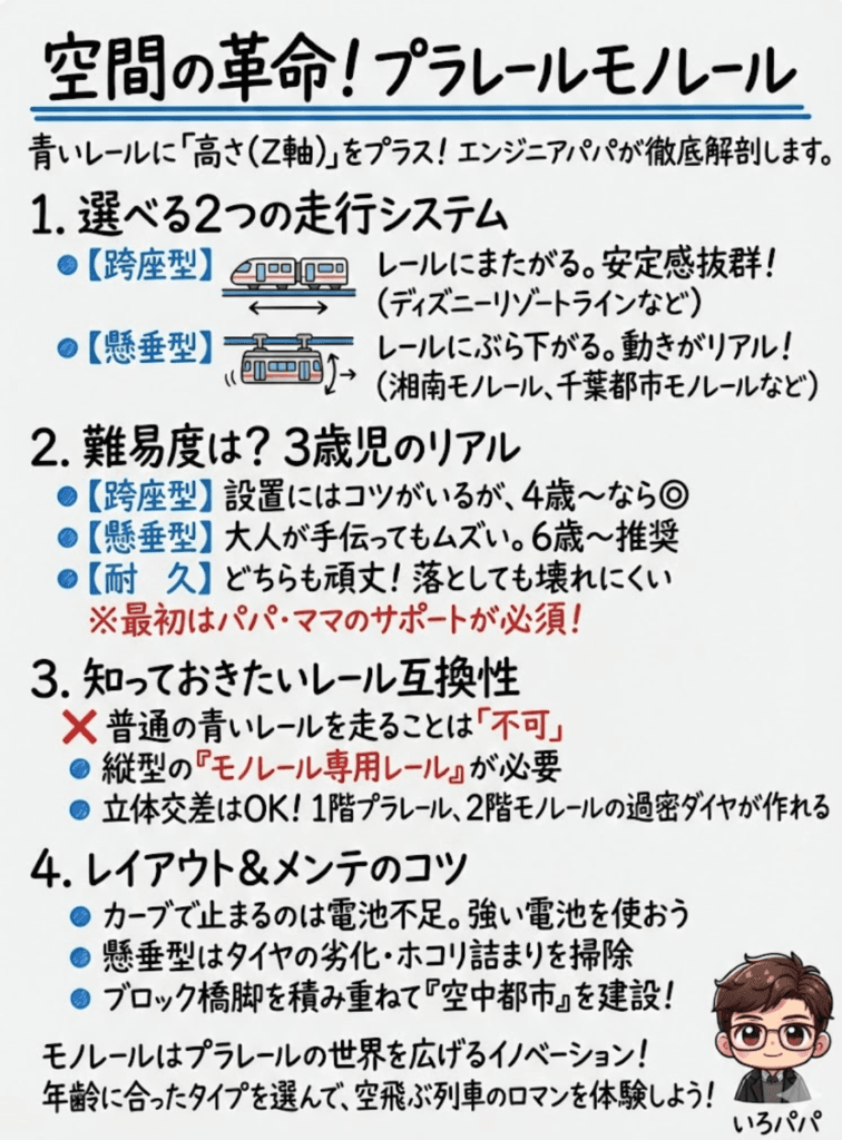 【プラレール】モノレール徹底レビュー！ディズニー（跨座型）と懸垂型の違い・レール互換性とレイアウトのコツをわかりやすく説明した画像