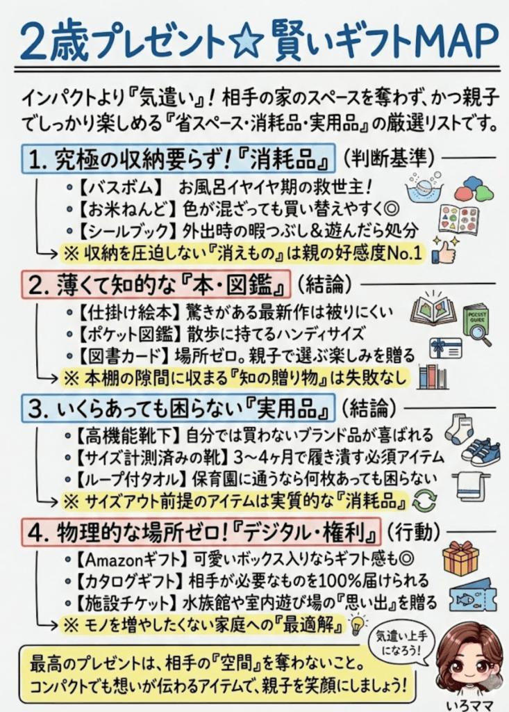 【2歳プレゼント】邪魔にならない&かさばらない!親が本気で喜ぶ「省スペース・消耗品・実用品」の正解リストをわかりやすく説明した画像