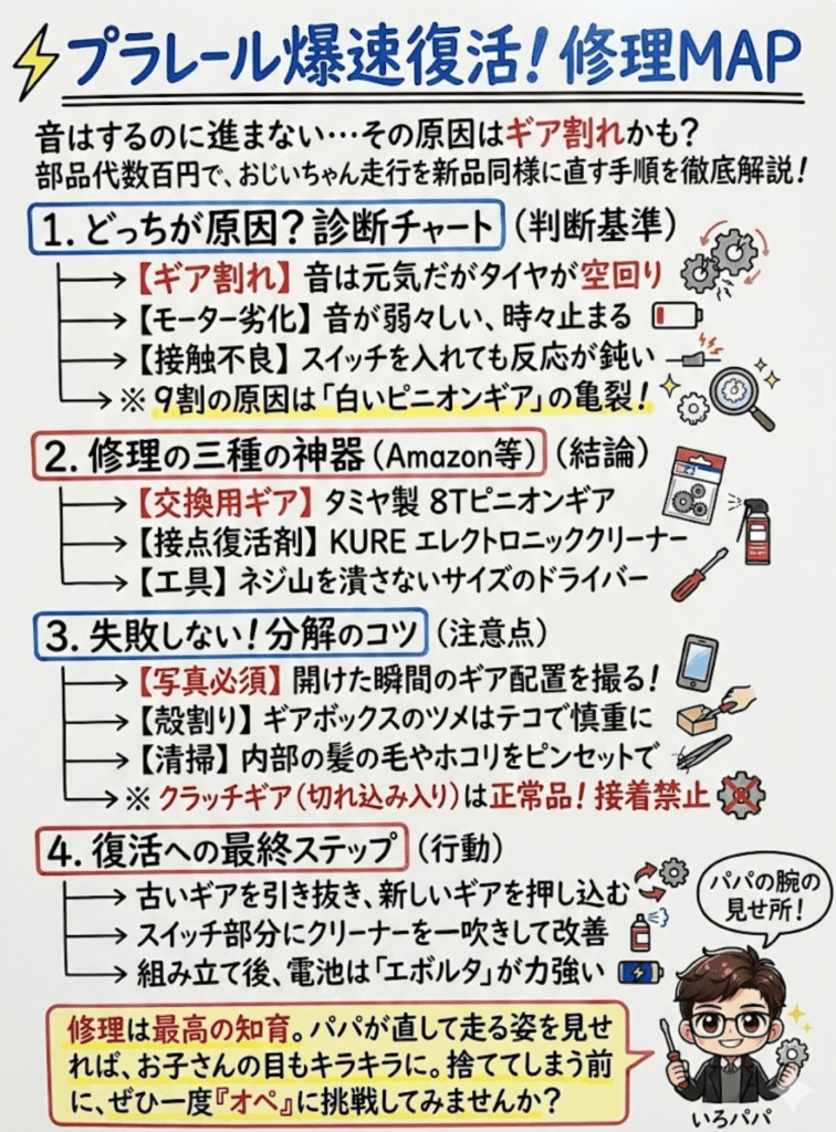 【プラレール修理】遅い・坂を登らない原因は？ギア割れ交換とモーター分解を元エンジニアが画像解説をわかりやすく説明した画像