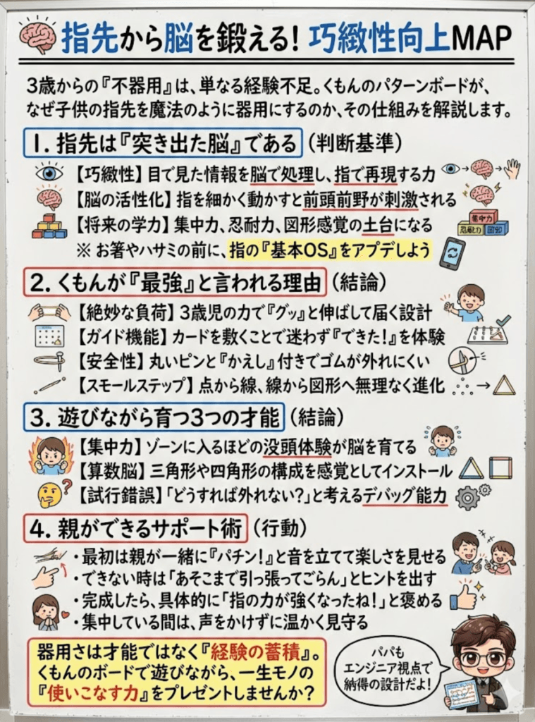 【3歳】手先が器用になる「巧緻性トレーニング」とは？くもんのパターンボードが最強の知育玩具である理由をわかりやすく説明した画像