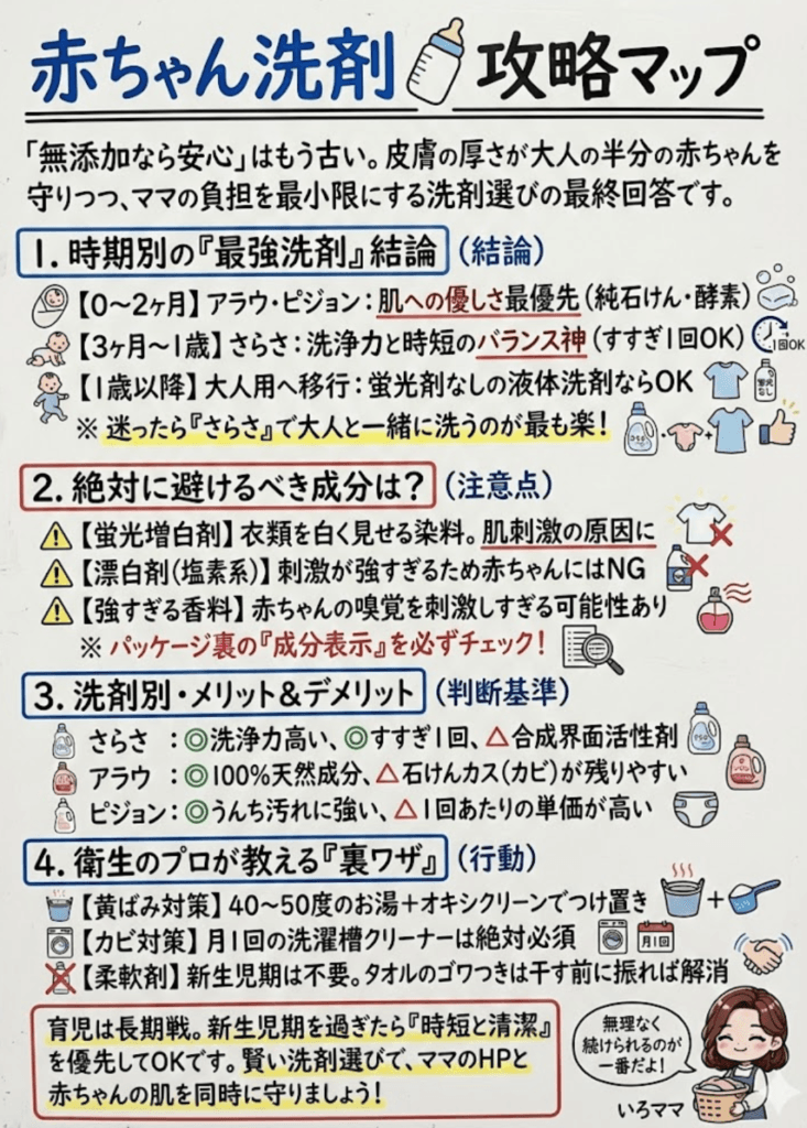 【赤ちゃん洗剤】さらさ・アラウどっち?いつまで分ける?衛生のプロが選ぶ「成分とコスパ」の正解をわかりやすく説明した画像