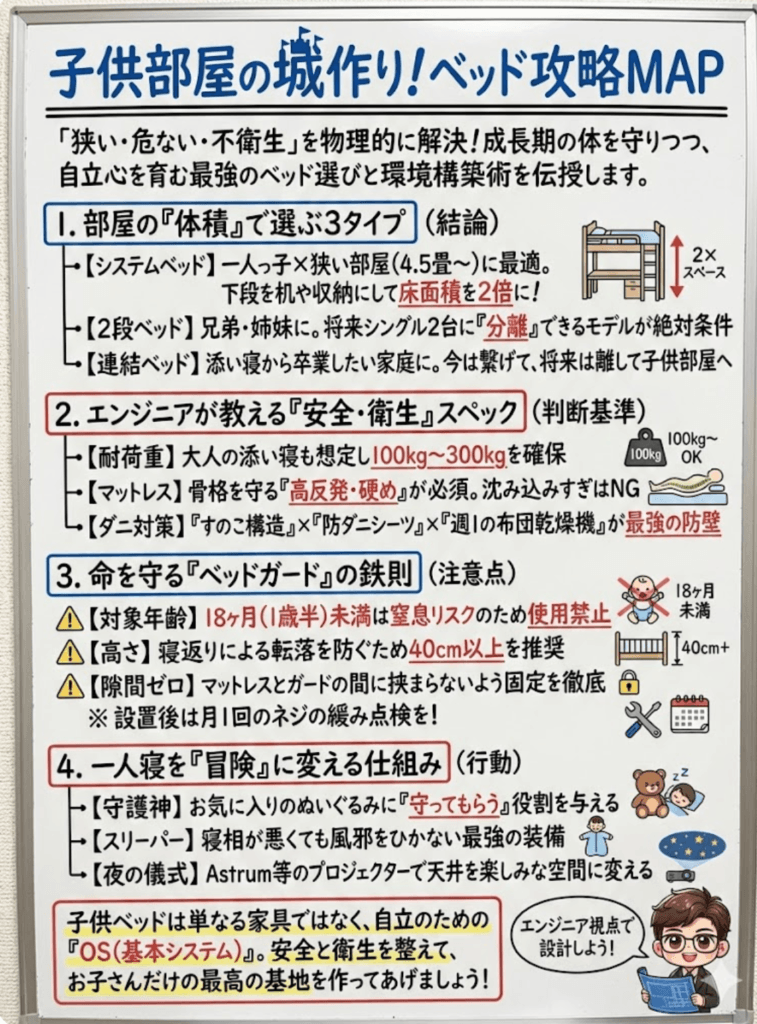 【子供用ベッド】おすすめ完全ガイド!システム・2段ベッドから「転落防止・ダニ対策」まで元エンジニアが解説をわかりやすく説明した画像