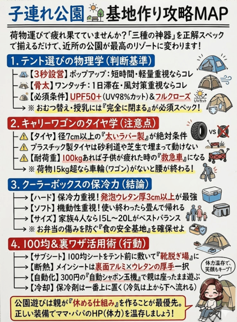 【子連れピクニック】装備完全ガイド!ワンタッチテント・キャリーワゴン・小型クーラーの「正解スペック」と持ち物リストをわかりやすく説明した画像