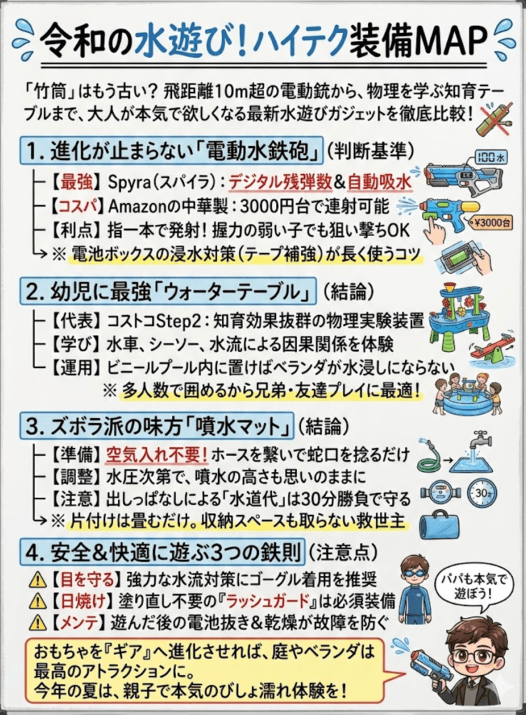【水遊びおもちゃ】電動水鉄砲&ウォーターテーブルおすすめ決定版!ダイソーからコストコまで「濡れる」ガジェット比較をわかりやすく説明した画像