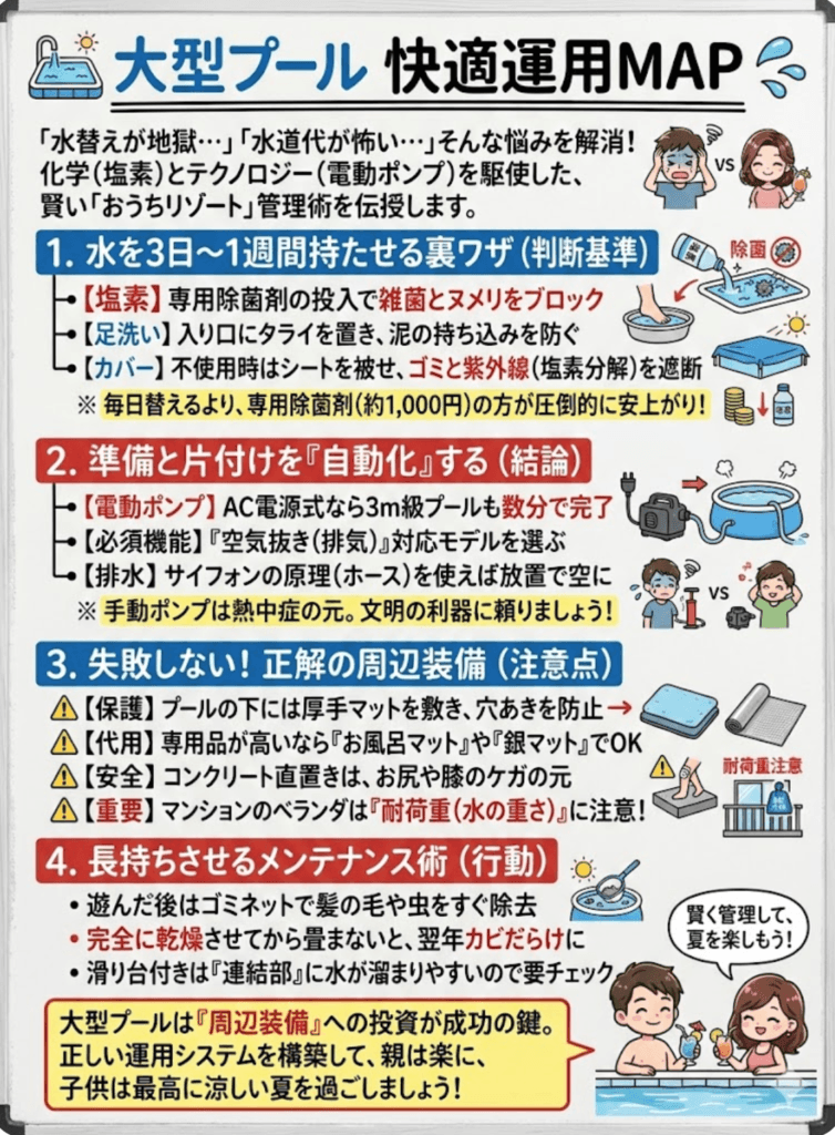 【大型プール】水は毎日替える?「塩素」で数日持たせる水質管理術と電動空気入れ・マットの正解装備をわかりやすく説明した画像
