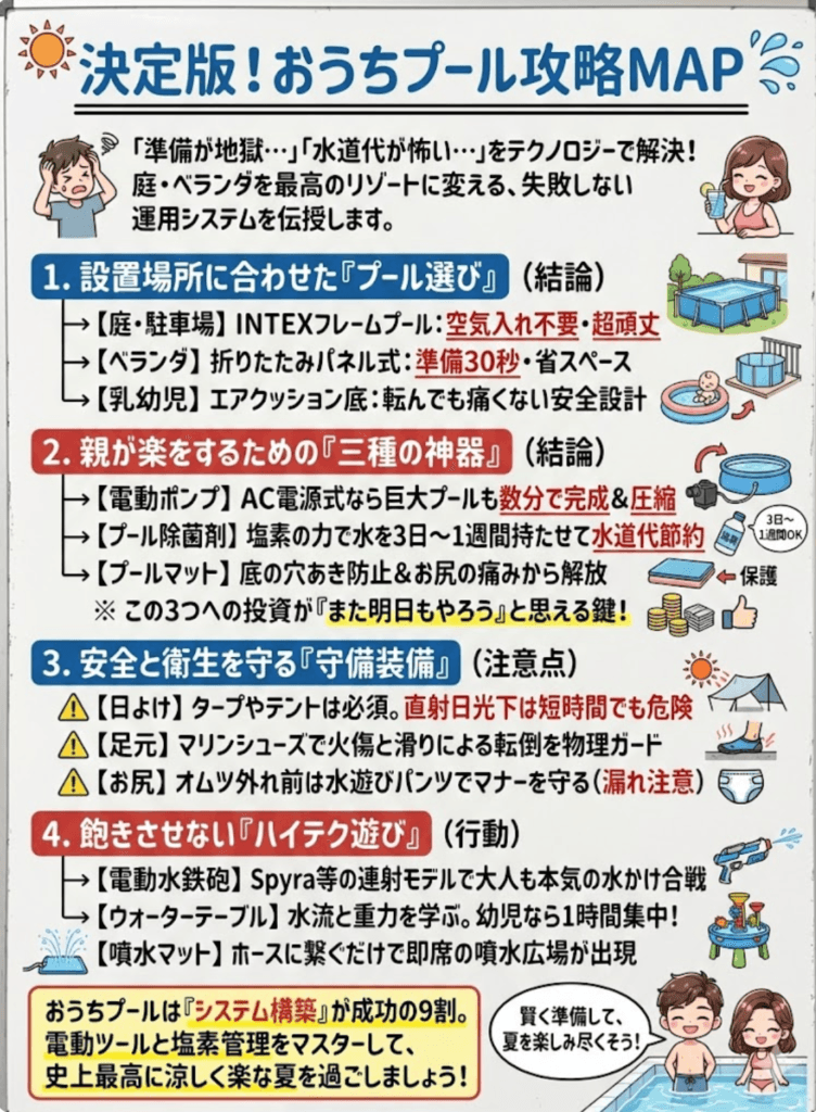 【おうちプール】ビニールプール＆水遊びおすすめ完全ガイド！庭・ベランダの準備から最強おもちゃ・管理術までをわかりやすく説明した画像