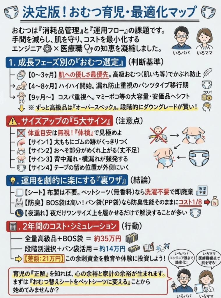 【0歳〜2歳】おむつ完全ガイド｜元ソニーエンジニアと臨床検査技師が選び方・替え方・処理方法の全疑問に答えますをわかりやすく説明した画像