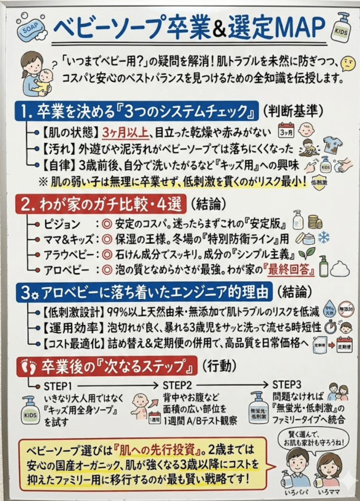 ベビーソープはいつまで使う?卒業タイミングと、わが家がアロベビーに落ち着いた理由【比較あり】をわかりやすく説明した画像