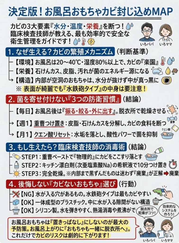 お風呂おもちゃのカビ、もう悩まない！臨床検査技師ママが教える「カビ防止・掃除・消毒」完全ガイドをわかりやすく説明した画像