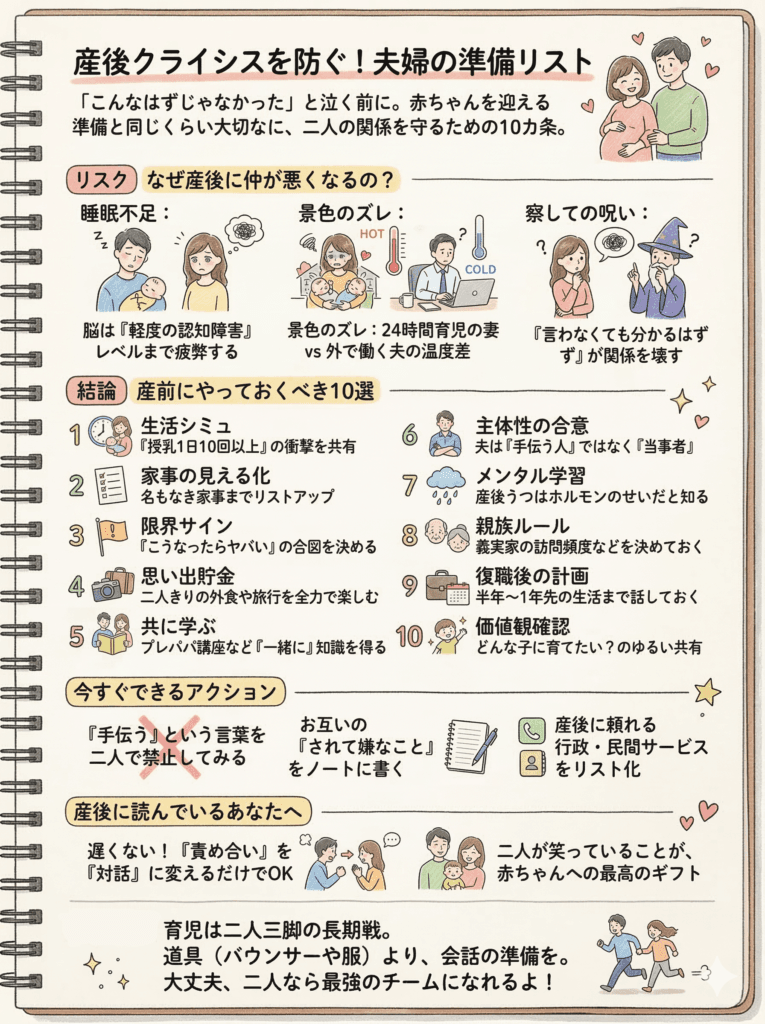 出産前に夫婦でやっておけばよかったこと10選【産後クライシスを経験したいろママの正直な後悔と準備リスト】をわかりやすく説明した画像