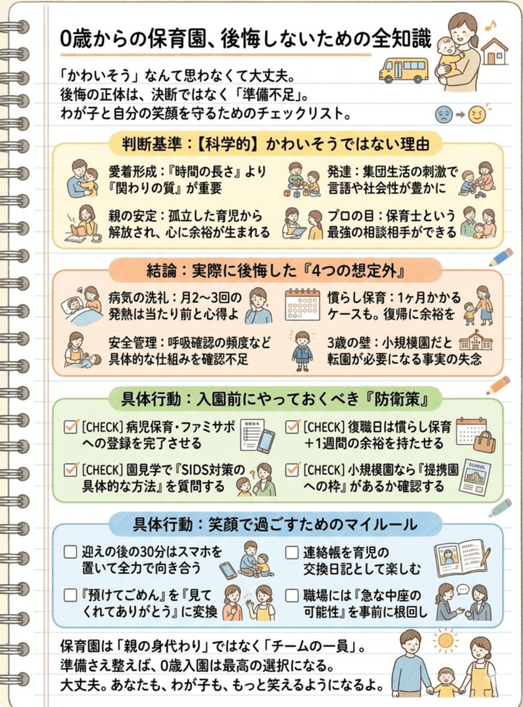 0歳から保育園に預けて後悔する？実際に預けた臨床検査技師ママが「後悔したこと」「よかったこと」を全部話しますをわかりやすく説明した画像