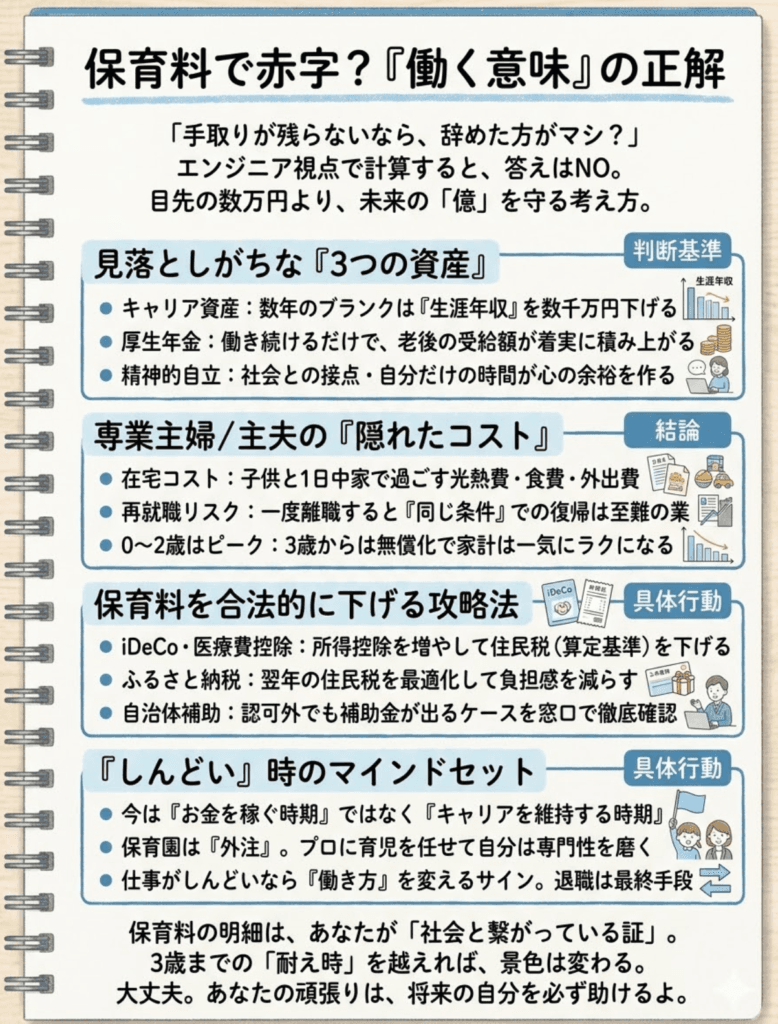 保育料が高すぎて働く意味がない？元エンジニアパパが「本当の損得」を計算して出した答えをわかりやすく説明した画像
