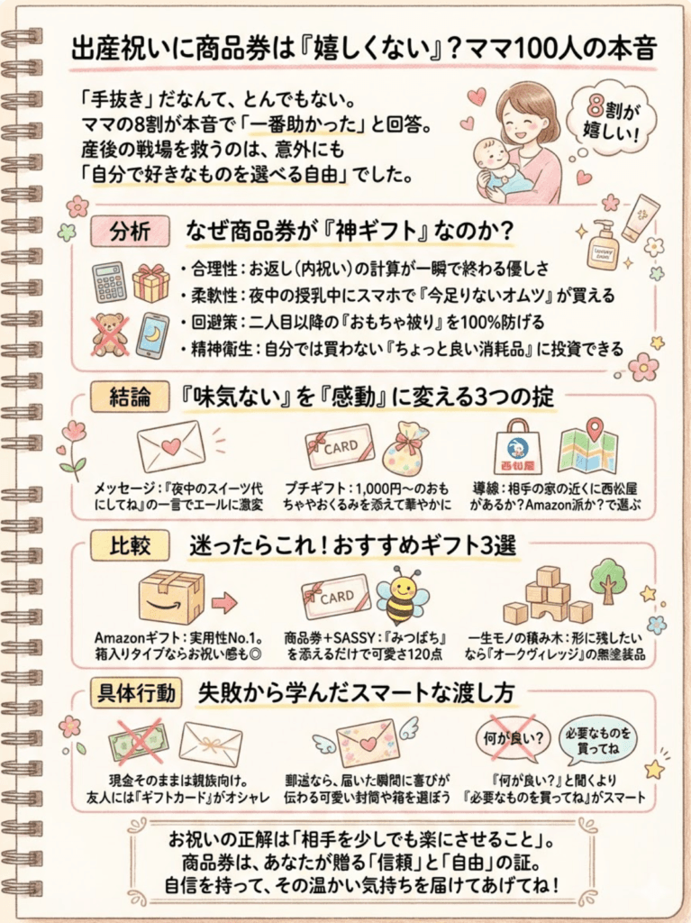 出産祝いに商品券は嬉しくない？100人の本音と私が救われた理由をわかりやすく説明した画像