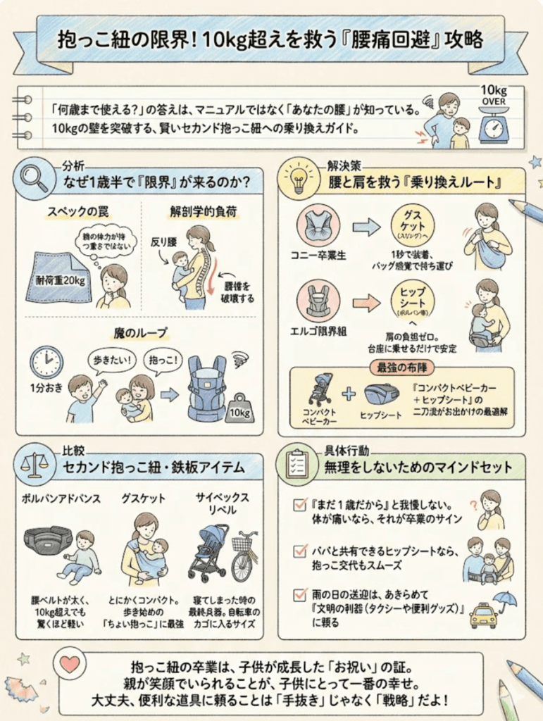 抱っこ紐は何歳まで?エルゴ・コニーの限界と腰を救う乗り切り方をわかりやすく説明した画像