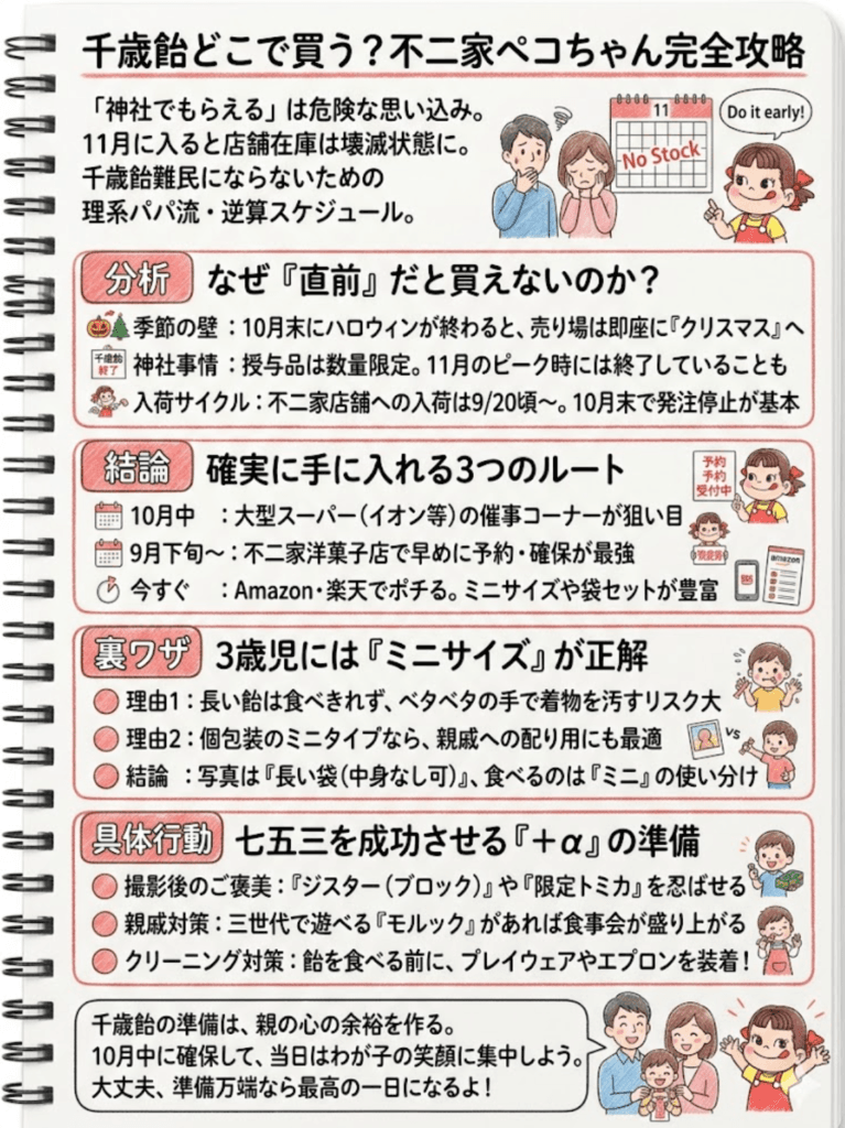 【不二家】千歳飴はどこで買える？時期と確実に買う方法・失敗談をわかりやすく説明した画像