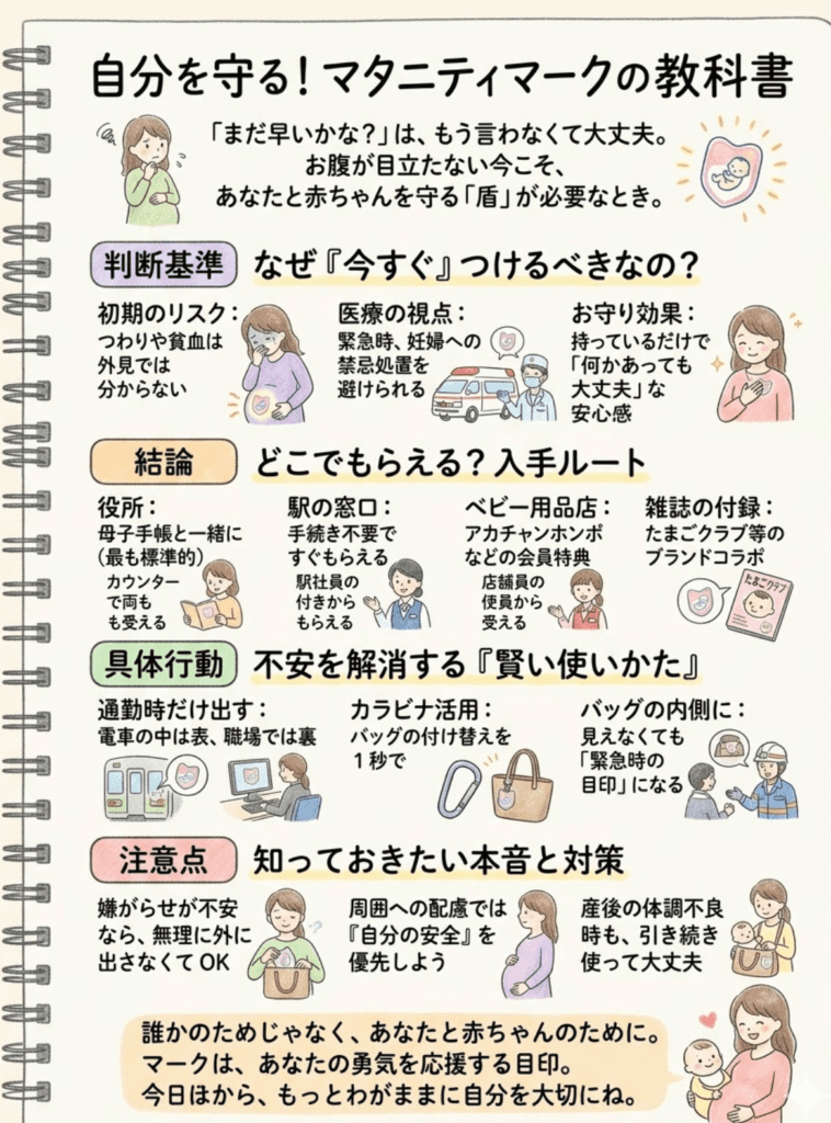 マタニティマークはいつからつける？もらえる場所・使い方・つけるか迷う本音まで臨床検査技師ママが全部答えますをわかりやすく説明した画像